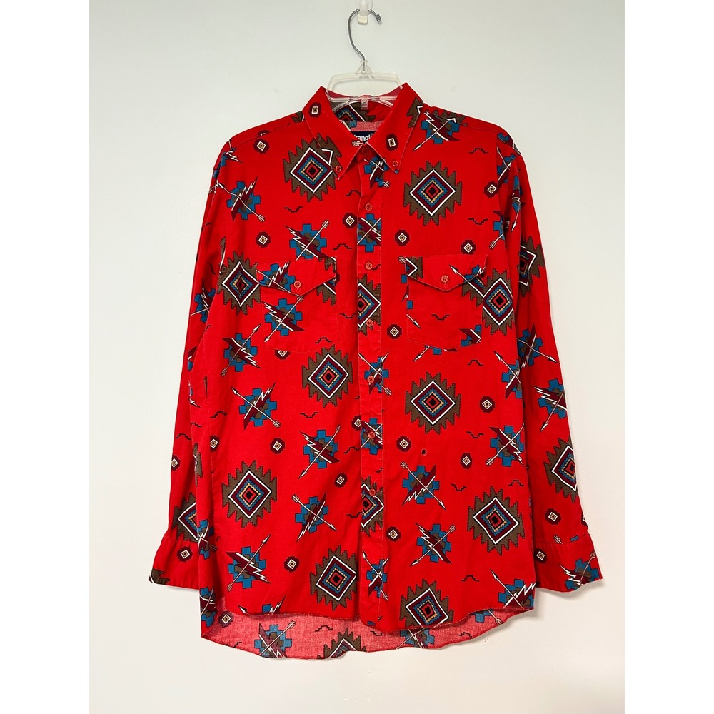 Wrangler Cowboy Cut Red Aztec Geometric Western Button Shirt Mens 16.5-34‎ FLAW